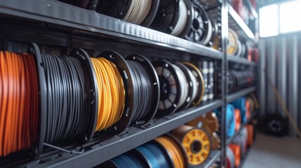 Large coils with colored electrical wires on huge shelves in an industrial plant. Manufacture of electrical wiring for cars.