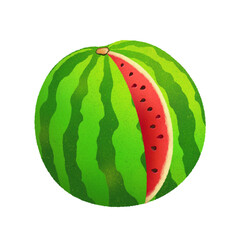 illustration of a fresh bright red watermelon with slice and seeds 