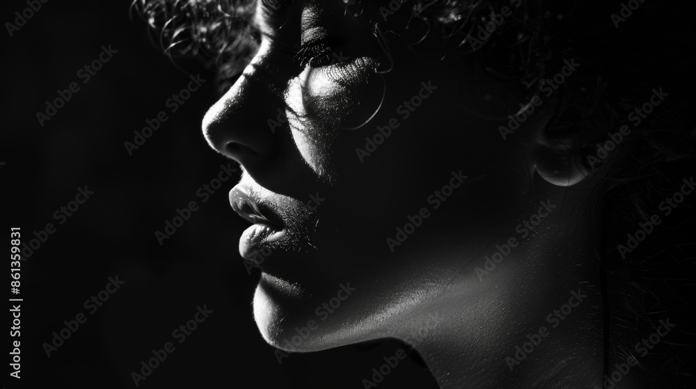 Poster the sharp angles of a profile are highlighted by shadows giving a sense of depth and dimension to th