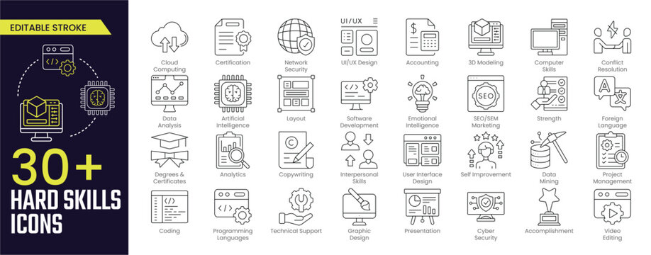 Hard skills icon collections. Containing degree certificates, foreign language, software, computer skill and more. Stroke icon collection Outline icon