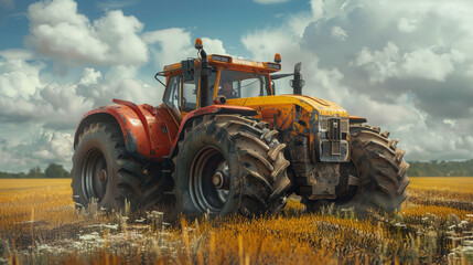 Powerful tractor standing on a field after harvesting wheat under a cloudy sky