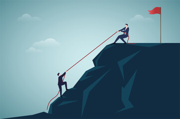 Businessman helping each other hike up a mountain. Business, teamwork, success, achievement and help concept.vector, illustration