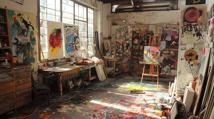 An artist's studio filled with unfinished canvases, vibrant paint splatters, and the beautiful chaos of creativity in progress.