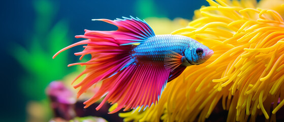 Colorful Betta Fish in Bright Underwater Garden