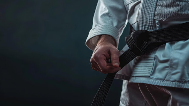 A panoramic close-up of a caucasian mans hand gripping a Brazilian jiu-jitsu black belt