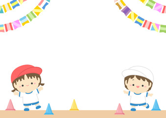 運動会子どもたちと運動場のベクターイラスト03