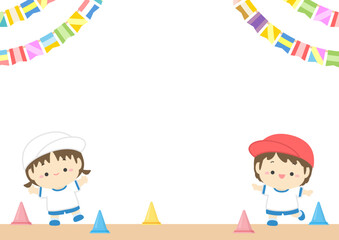 運動会子どもたちと運動場のベクターイラスト01