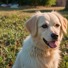 A close-up portrait of a young, happy golden retriever puppy