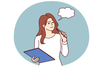 Pensive girl with clipboard makes plan for year or checklist for going to grocery store. Young girl looks up in anticipation of muse and comes up with idea for writing fictional story or play.