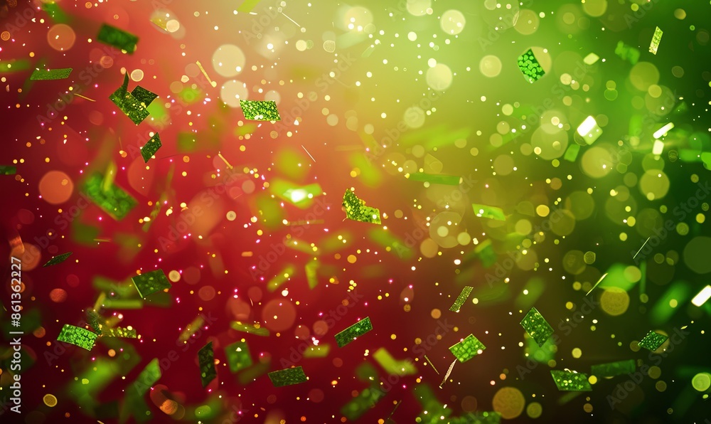 Poster Green Confetti Falling on Red Background with Light