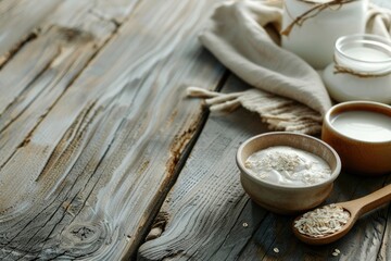 Rustic Dairy and Flour Display on Wooden Tabletop with Natural Decor