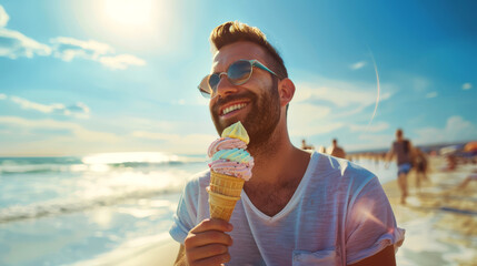 Fototapeta premium A smiling unshaven man with a multicolored ice cream cone in his hands stands on the beach on a sunny hot summer day. The scene is bright and cheerful