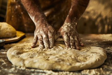 Obraz premium Hands Kneading Dough on Floured Surface: Artisanal Baking Process in Rustic Kitchen Setting