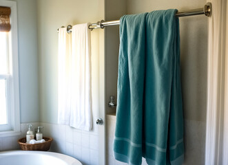 Towel hanging in the bathroom. Generative AI