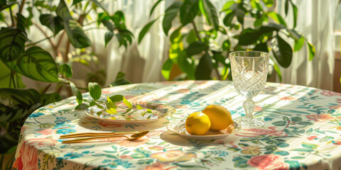 Fototapeta premium Colorful Floral Tablecloth in Bright Room 