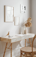 Scandi-boho style living room interior with frame mockup, 3d render