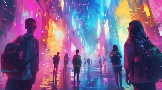 College life depicted with students using AI assistants for studying