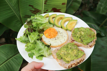 bread with mashed avocado topping ,sunny side up egg with lettuce and avocado