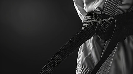 Low-angle view of a black belt on a pristine white budo gi, monochrome, softly blurred black background, high-contrast lighting, photorealistic detail, focused and dramatic