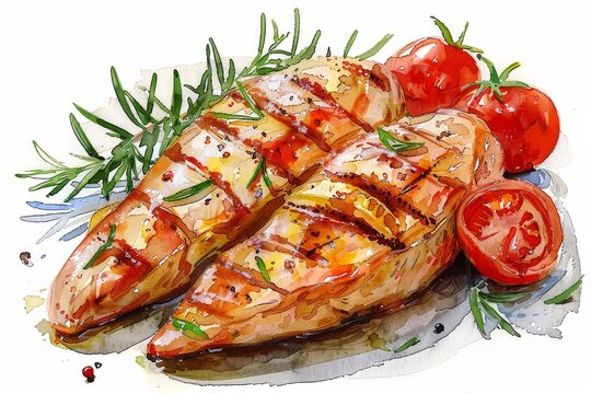 watercolor grilled chicken with tomatoes and rosemary clip art preview