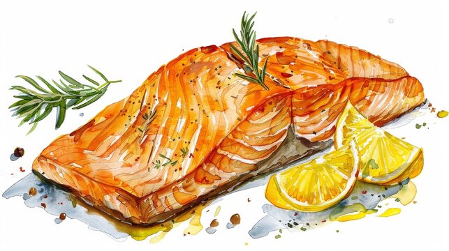 watercolor salmon with lemon and rosemary clip art preview