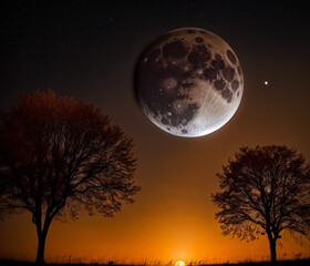 Full moon with silhouette trees and dark sky background. Generative AI