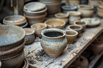 Handcrafted Pottery Display in Rustic Artisan Workshop Featuring Various Clay Pots
