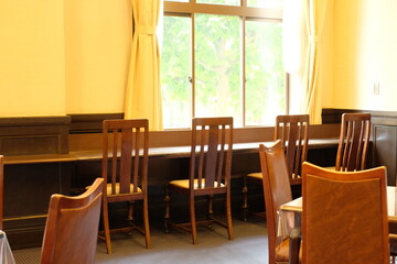 table and chairs in free space of hotel