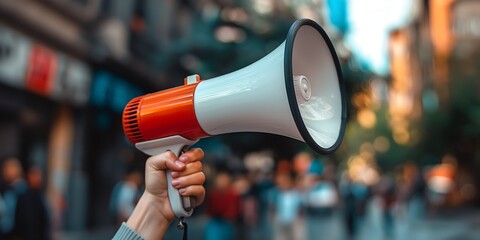 megaphone holding by woman hand at public street 
