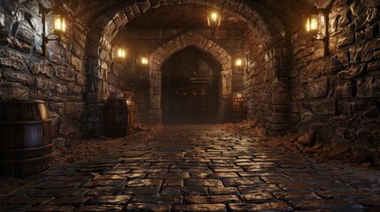 Fototapeta premium Iconic medieval catacombs with torches. Mystical nightmare concept in 3D.