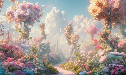 Desaturated, dreamy surreal fantasy landscape illustration, lush vegetation and flowers, pastel colors