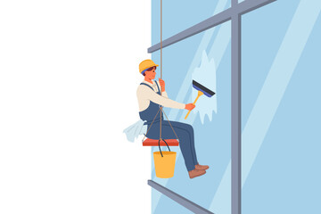 Industrial climber washes windows of skyscraper using brush and bucket of water, hanging at high altitude on rope. Dangerous work of industrial climber removing dirt from walls of high-rise buildings
