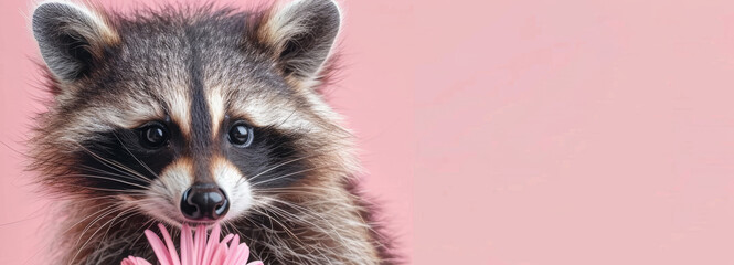 Obraz premium Cute Raccoon Holding Pink Flower Against Pastel Background, Adorable Animal Portrait