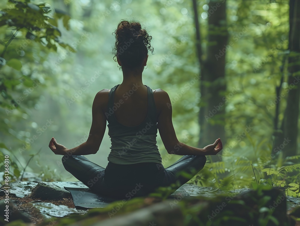 Poster Silhouetted figure meditating in serene forest setting focusing on mindfulness and inner peace