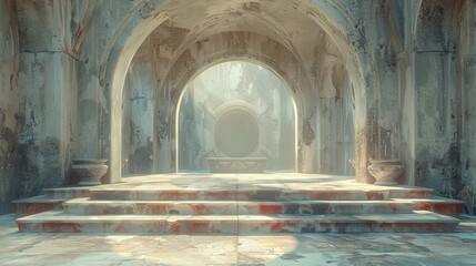 Obraz premium 3D illustration of a fantasy medieval architectural interior with a large high stone platform.