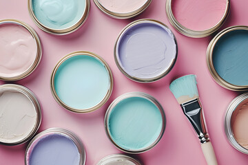 From above of paint palette with pastel pigments placed on table with brushes in art studio