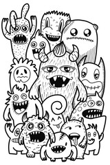 Hand-drawn illustrations, monsters doodle, Hand Drawn cartoon monster illustration,Cartoon crowd doodle hand-drawn Doodle style.black and white stripes coloring  book.