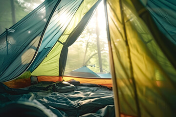 Tent interior with sunlight streaming in through the window