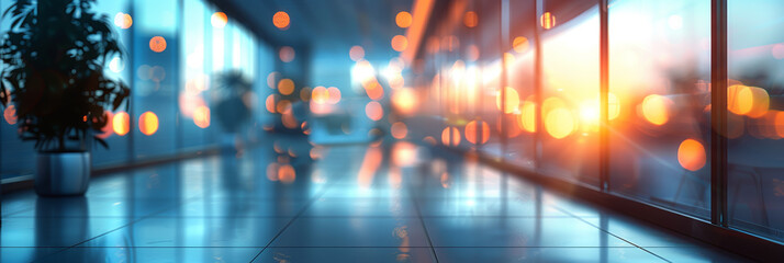 Fototapeta premium Modern Office Hallway with Warm Sunset Lighting and Bokeh Effect