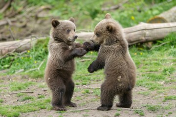 Fototapeta premium Two brown bear cubs standing upright play fighting