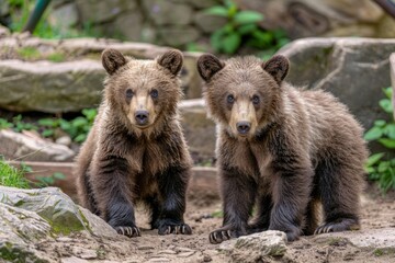 Obraz premium Two brown bear cubs (grizzlies) with one looking back into the camera