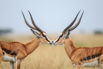 Fototapeta premium Two male Thomson's Gazelles are preparing to lock horns in the Maasai Mara savanna.