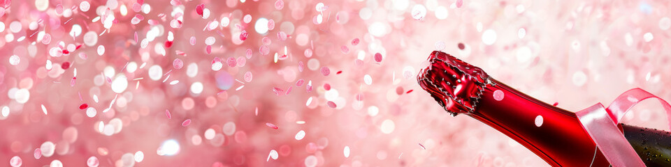 Celebratory Red Champagne Bottle with Pink Confetti Background for Festive Occasions