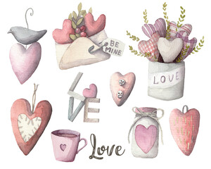 Vintage style set of hand-drawn hearts. Wooden hearts, metal and fabric hearts - cute elements for wedding or holiday decor, scrapbooking. all clipart isolated on white