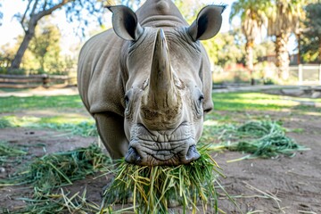 Obraz premium White rhino stands alet front view showing large horn, big lips, eating grass, and eyes
