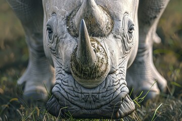 White rhino stands alet front view showing large horn, big lips, eating grass, and eyes