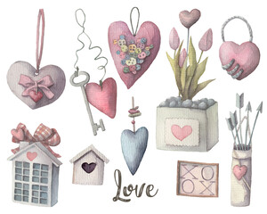 Vintage style set of hand-drawn hearts. Wooden hearts, metal and fabric hearts - cute elements for wedding or holiday decor, scrapbooking. all clipart isolated on white
