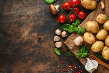 Wooden cutting board top view with various raw vegetables, potatoes, tomatoes, mushrooms, onions for making dinner at home. Food cooking background with ingredients, top view, space for text.