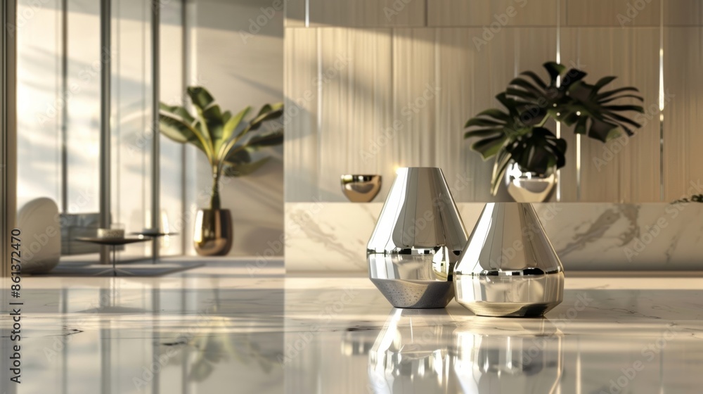Poster a of metallic geometric vessels reflecting the surrounding minimalistic decor adding a touch of soph
