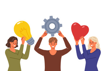 Team of people brainstorming together in search of idea, holding icons with light bulb and gear or heart. Happy team discussing marketing plan and smm strategy for promotion on social networks